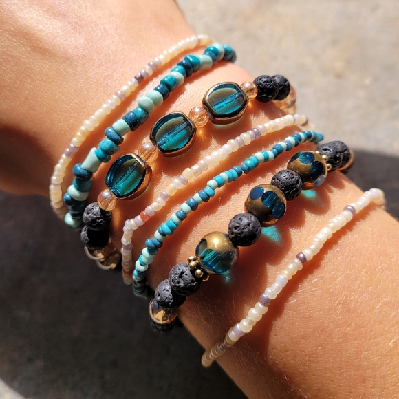 ×7 Lava & Glass Bead Blue Bracelet Set - Picture 2 of 4